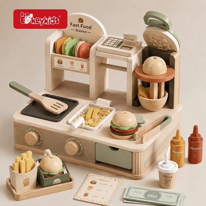 Wooden Fast Food Station Play Set With Burger Assembly Fries Cooker Cash Register and Pretend Money Kitchen Toy for Kids W10A352